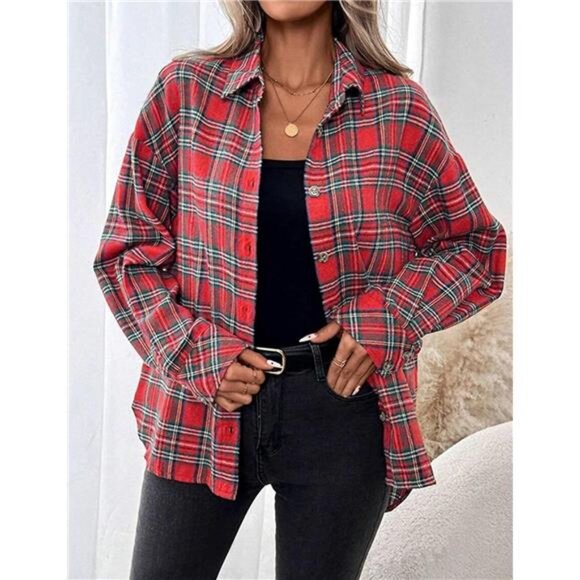 Womens Oversized Flannel Plaid Shirts Red - Picture 3 of 5